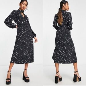 🆕 River Island Midi Dress in Black Polka Dot with Heart Button Detail